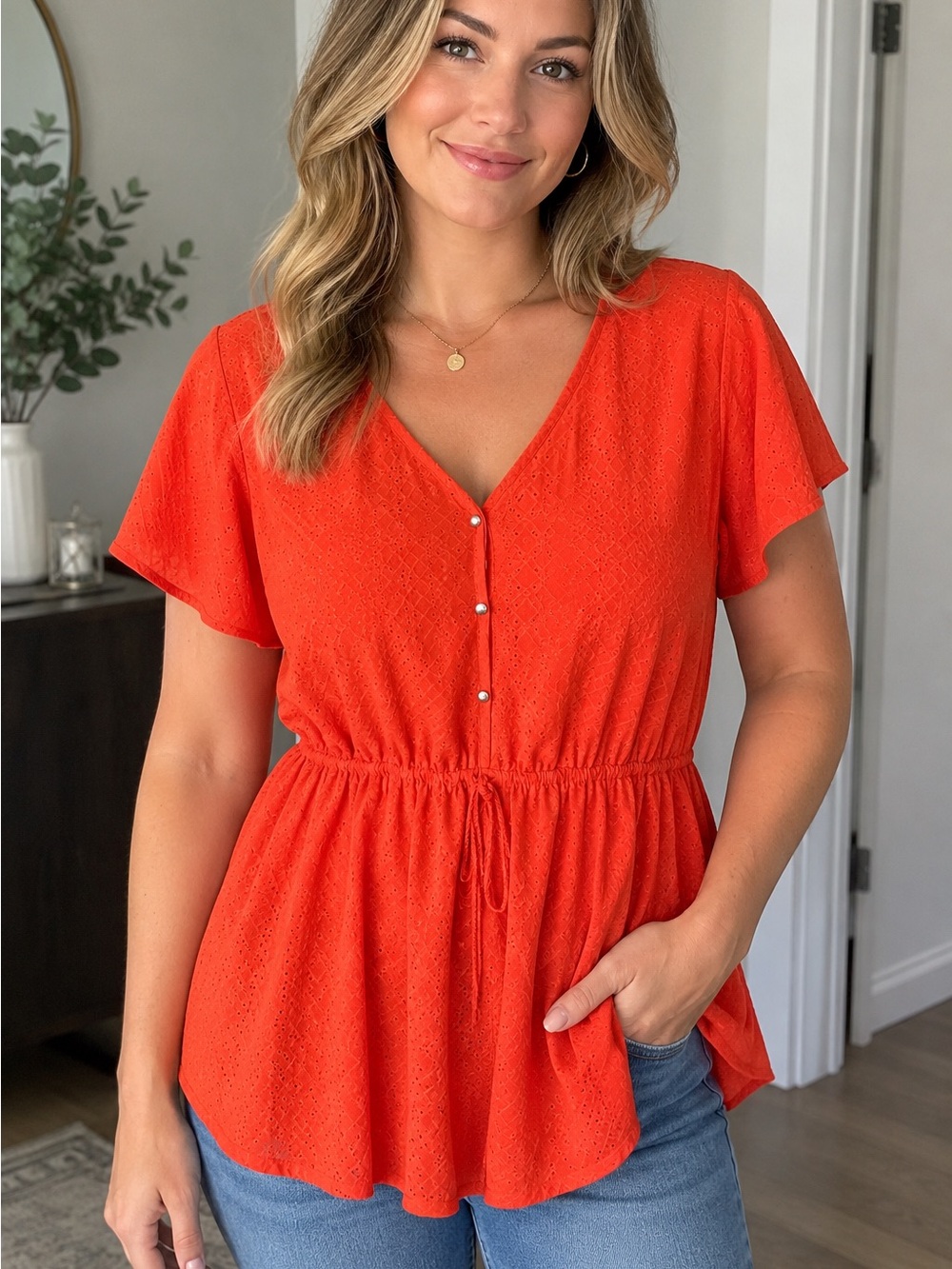 Women's Red/Orange V-Neck Drawstring Peplum Top